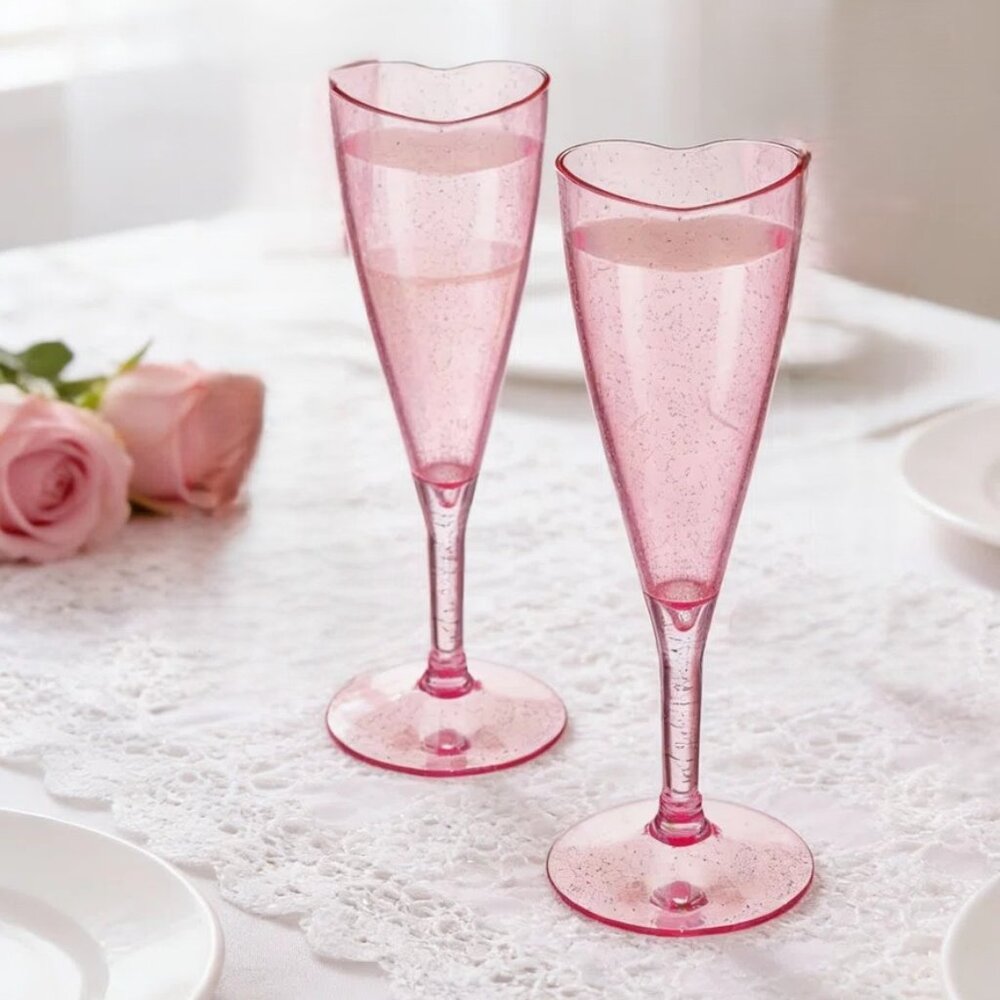 💞 2 Valentine's Day Pink Heart Shaped Champagne Glasses Flutes Glitter💞